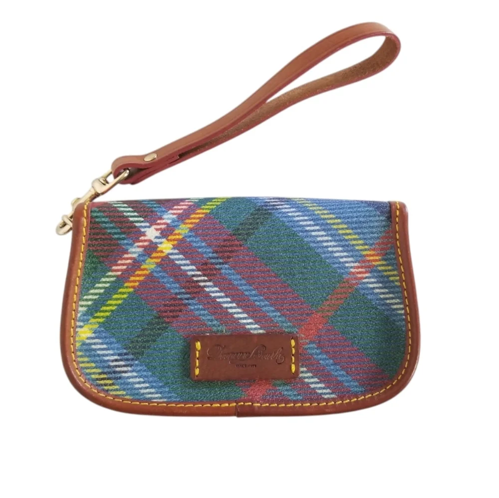 DOONEY & BOURKE Tartan Plaid Canvas And Leather Front Flap Wristlet Made In USA